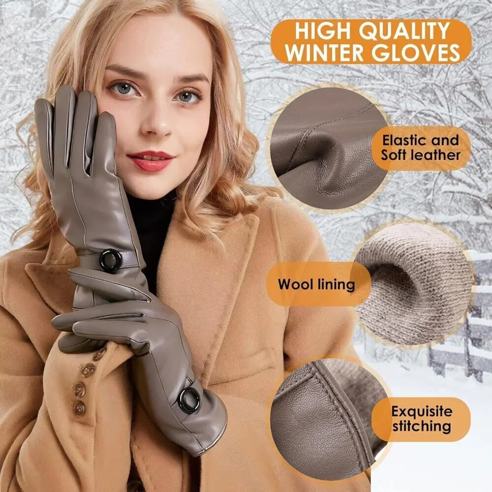 Women's Beige Leather Gloves Touchscreen Texting Warm Driving Lambskin Gloves